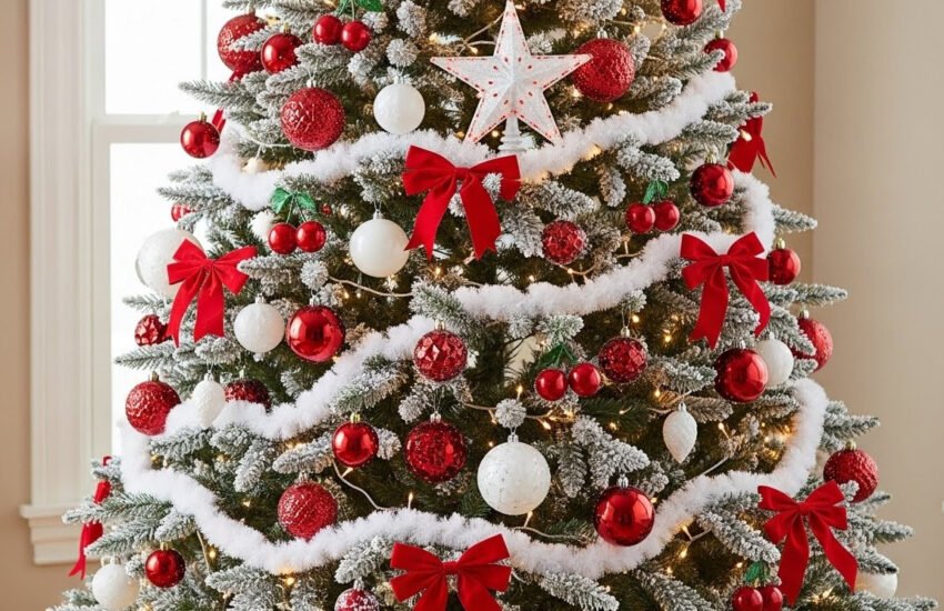 Christmas tree with red and white decorations