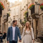 Couple walking through a historic district