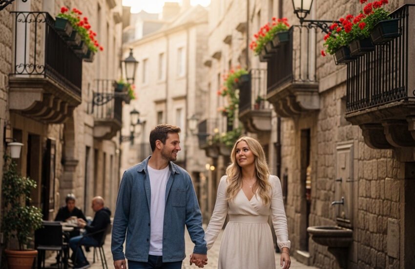 Couple walking through a historic district