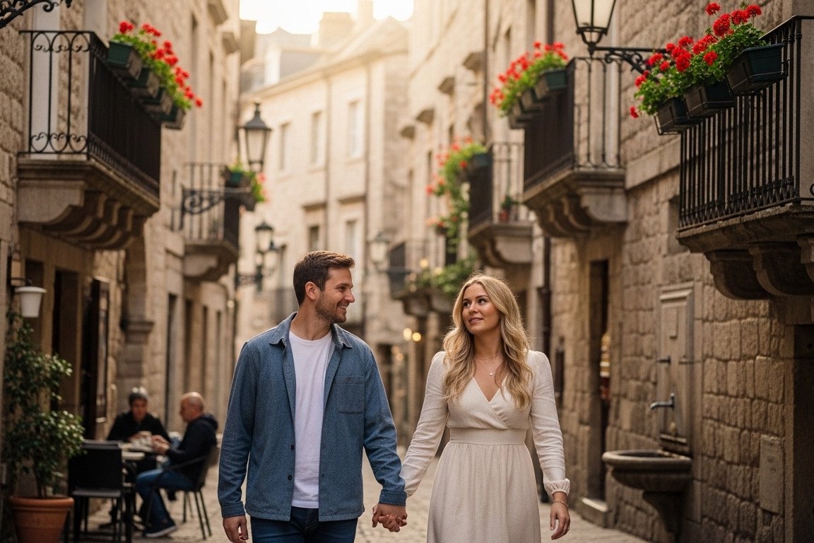 Couple walking through a historic district