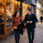 Woman and man leaving a cafe after their first date