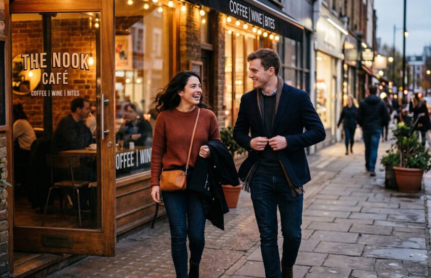 Woman and man leaving a cafe after their first date