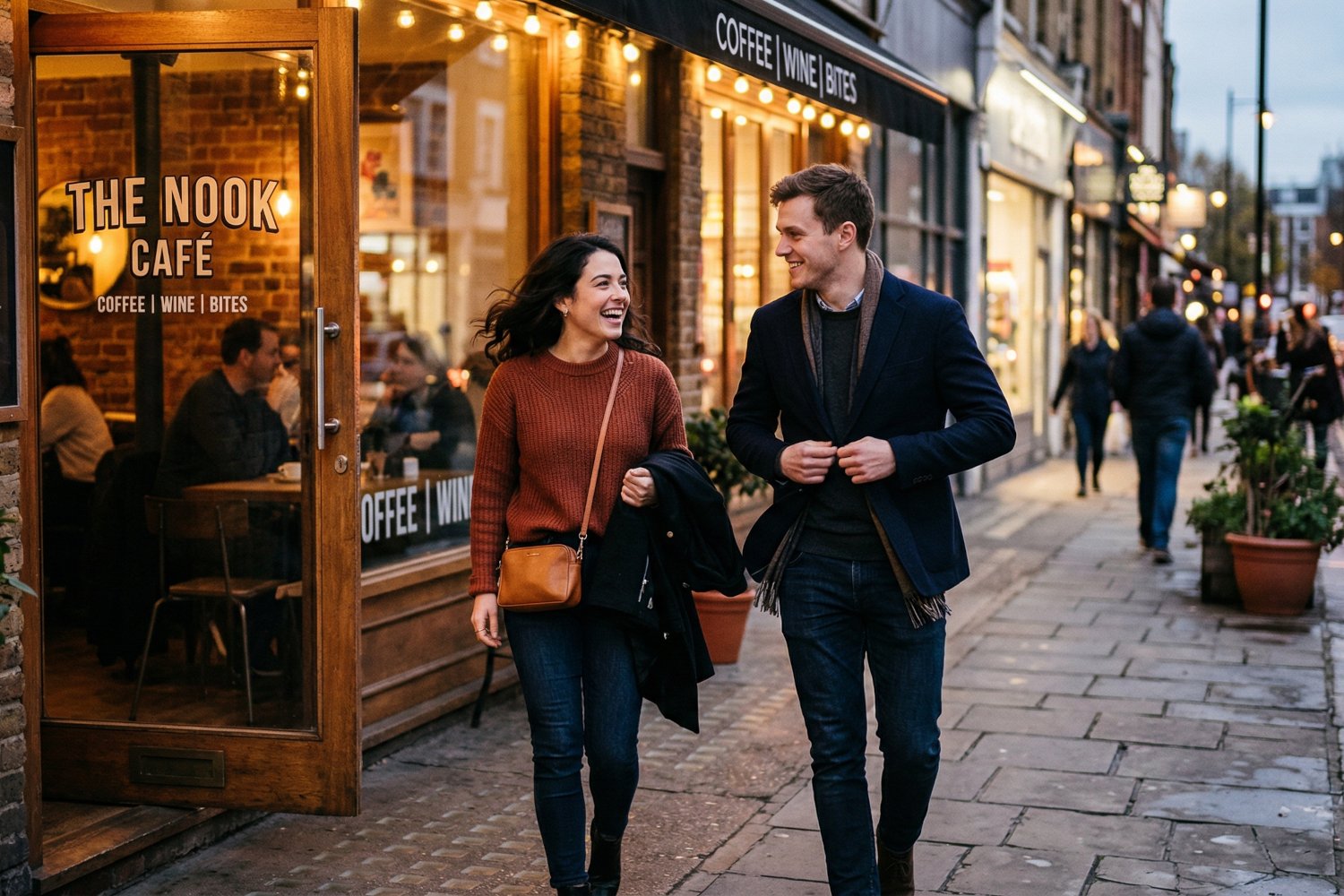 Woman and man leaving a cafe after their first date