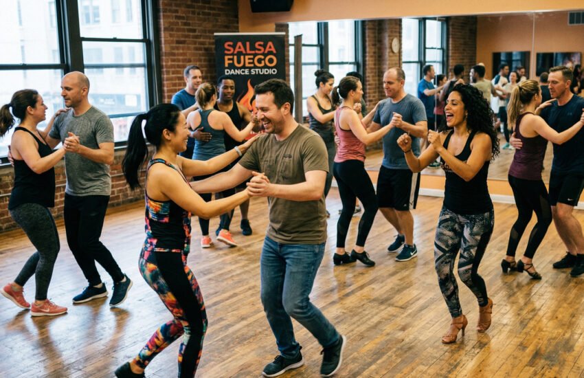 People dancing salsa at a dance class