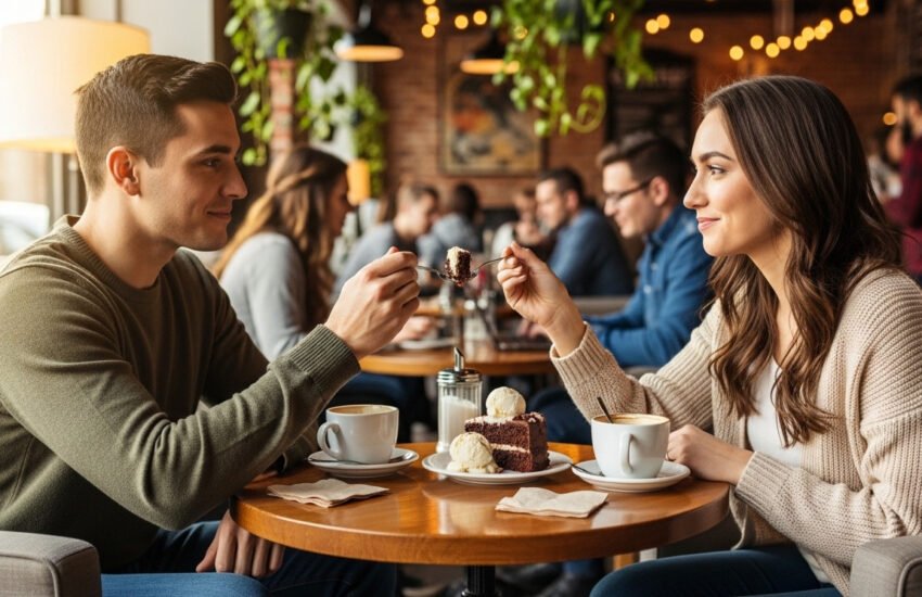 Couple sharing a piece of cake