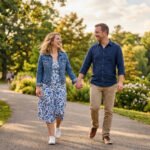 Happy couple walking hand-in-hand