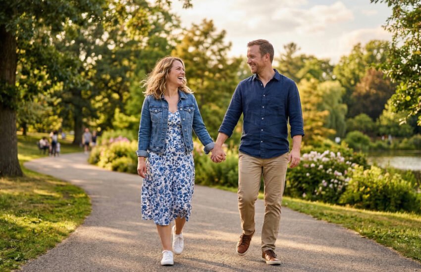Happy couple walking hand-in-hand