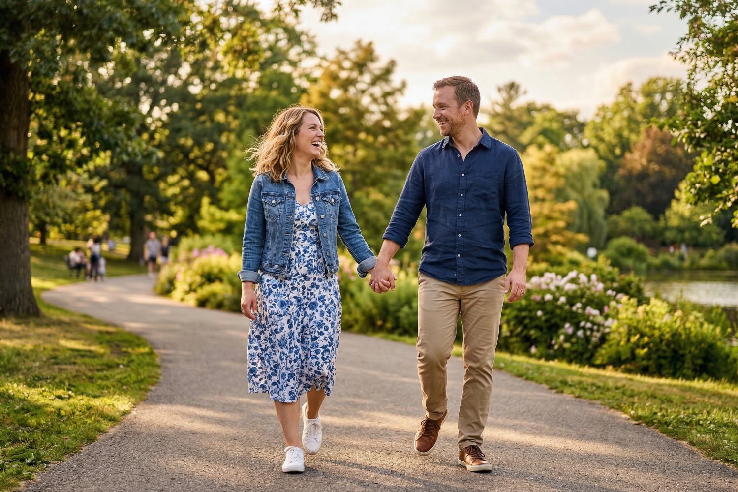 Happy couple walking hand-in-hand
