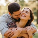 Man hugs his girlfriend from behind