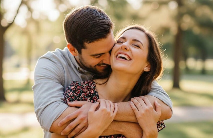 Man hugs his girlfriend from behind