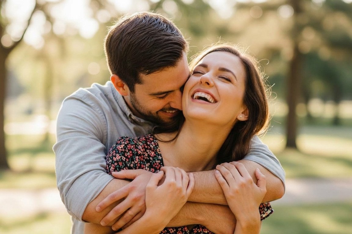 Man hugs his girlfriend from behind