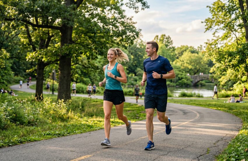 Man and woman jogging the park