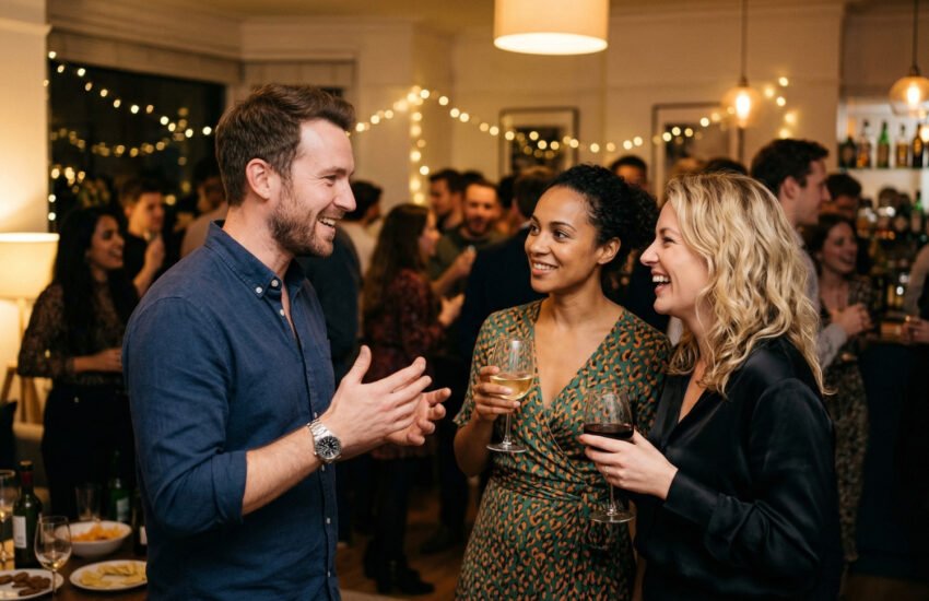 Man talking to women at a party