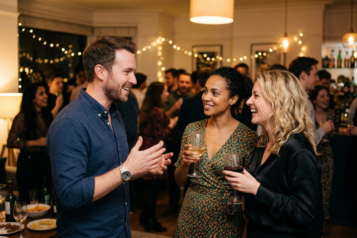 Man talking to women at a party