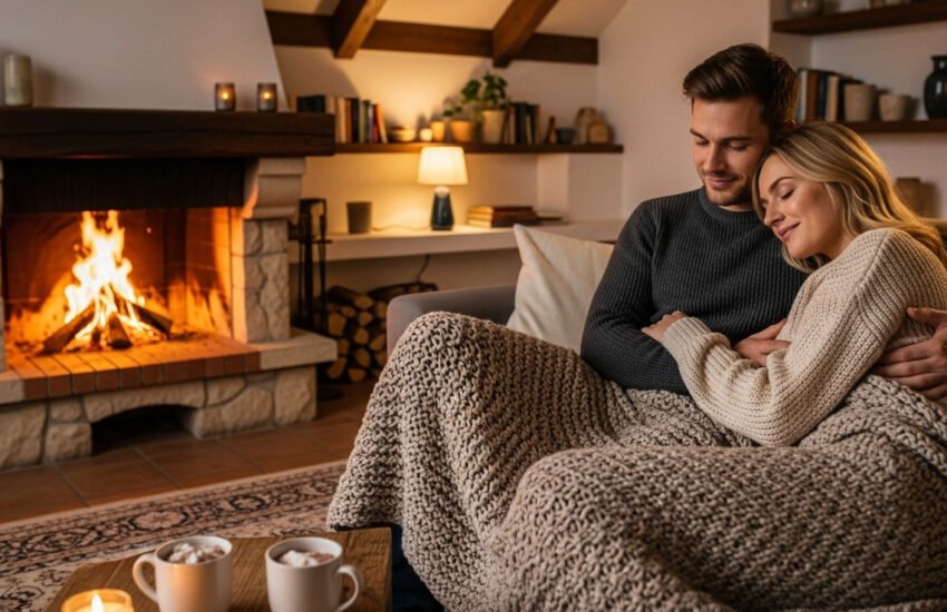 Couple listening Romantic Fireside Songs