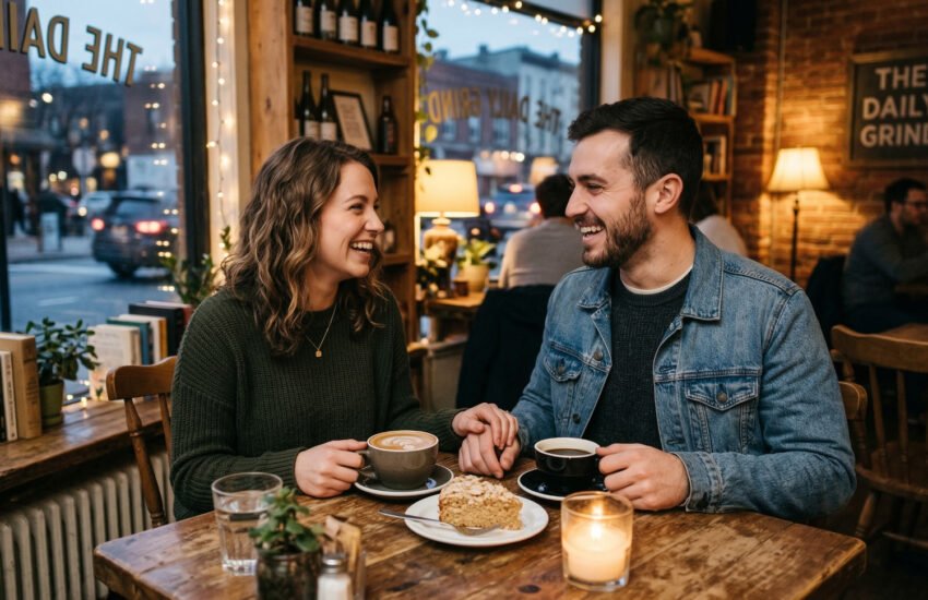 Couple on a sit-and-chat date in a cafe