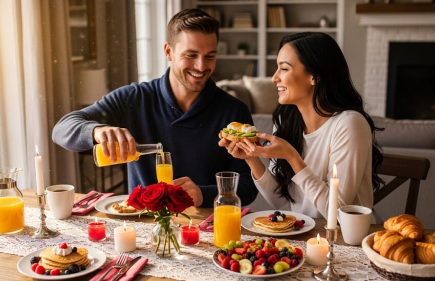 Couple having a Valentine's Day brunch at home
