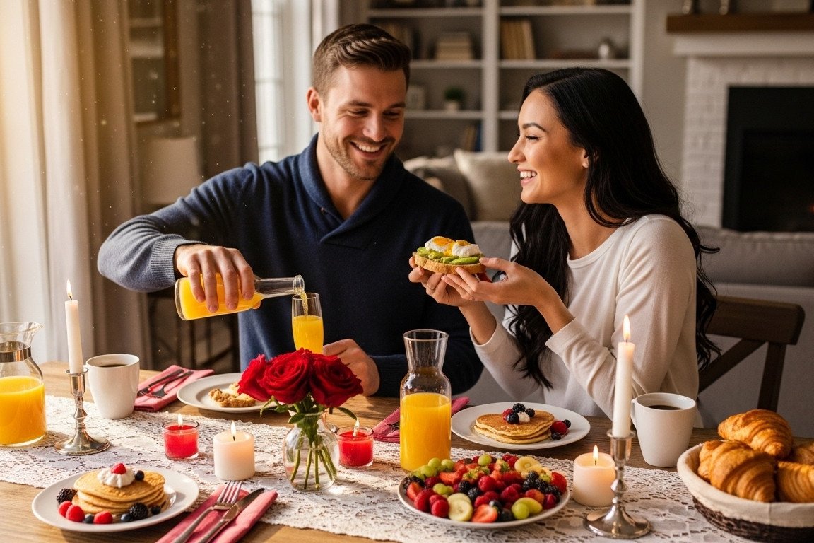 Couple having a Valentine's Day brunch at home